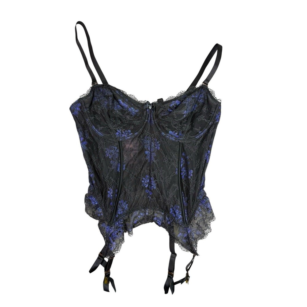 Savage X Fenty Hyper Real Lace Vinyl Bustier Corset Black Blue 2X NWT
